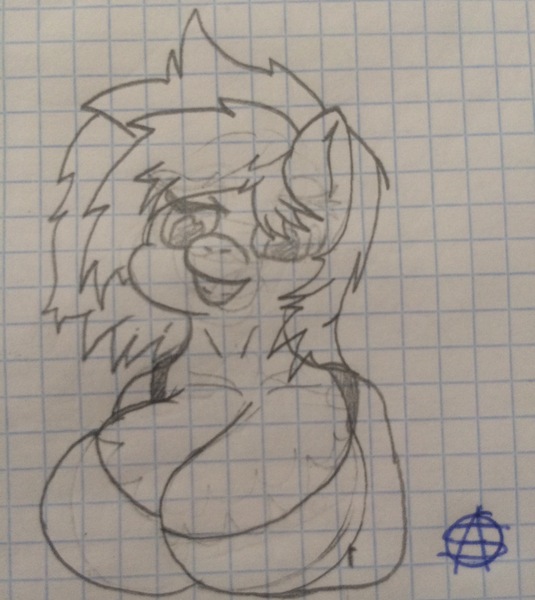 Size: 2448x2745 | Tagged: anthro, anthro oc, artist:thalane.dragonness, big breasts, breasts, cleavage, derpibooru import, female, graph paper, lined paper, monochrome, oc, oc:shadow melody, pencil drawing, questionable, solo, solo female, traditional art, unofficial characters only