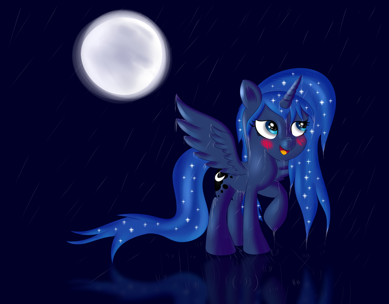 Size: 3200x2500 | Tagged: safe, artist:brok-enwings, derpibooru import, princess luna, alicorn, pony, female, full moon, mare, missing accessory, moon, rain, raised hoof, reflection, solo, wet mane