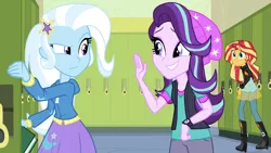 Size: 2880x1620 | Tagged: safe, artist:namygaga, derpibooru import, starlight glimmer, sunset shimmer, trixie, equestria girls, mirror magic, spoiler:eqg specials, beanie, canterlot high, clothes, hallway, hat, jacket, looking at each other, looking back, pants, shirt, smiling, trio