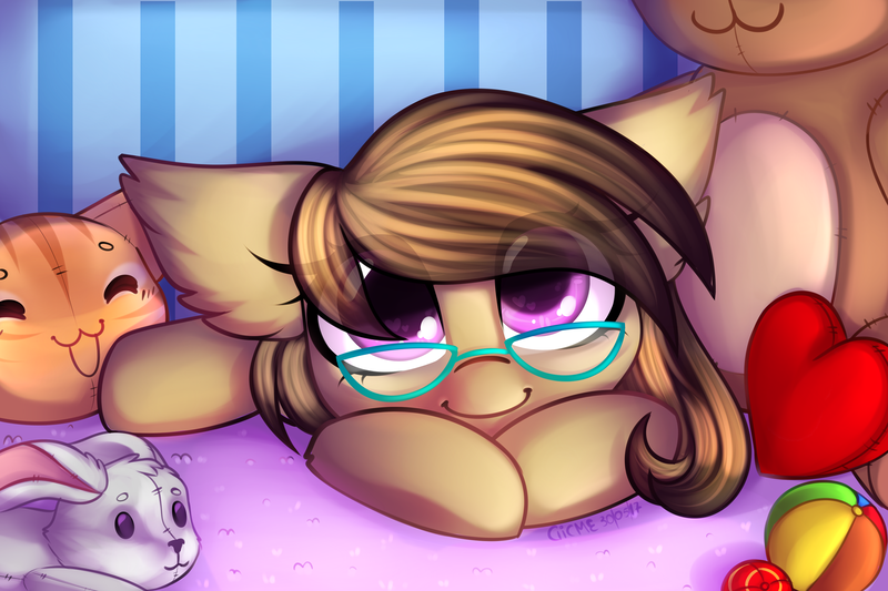 Size: 2400x1600 | Tagged: safe, artist:gicme, derpibooru import, oc, oc:dawnsong, unofficial characters only, earth pony, pony, colored pupils, cute, ear fluff, female, filly, glasses, happy, heart eyes, hnnng, looking at you, mare, plushie, smiling, solo, toy, wingding eyes