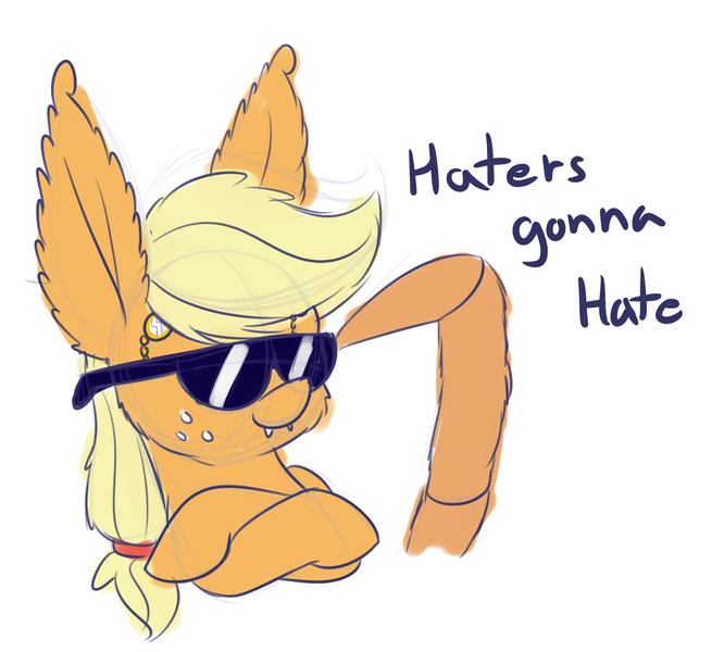 Size: 1200x1100 | Tagged: applejack, artist:heir-of-rick, colored sketch, crossed arms, derpibooru import, fangs, haters gonna hate, impossibly large ears, meme, monocle, monster pony, original species, safe, simple background, solo, species swap, spiderjack, spiderpony, sunglasses, white background