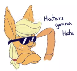 Size: 1200x1100 | Tagged: applejack, artist:heir-of-rick, colored sketch, crossed arms, derpibooru import, fangs, haters gonna hate, impossibly large ears, meme, monocle, monster pony, original species, safe, simple background, solo, species swap, spiderjack, spiderpony, sunglasses, white background