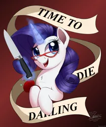 Size: 800x955 | Tagged: safe, artist:ncmares, derpibooru import, edit, rarity, pony, unicorn, banner, commission, darling, female, glasses, imminent murder, knife, magic, mare, needle, open mouth, pincushion, rules of rarity, signature, solo, telekinesis, yandere, yanderity