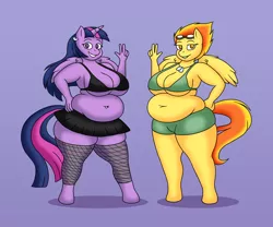 Size: 2400x2000 | Tagged: suggestive, artist:lordstormcaller, derpibooru import, spitfire, twilight sparkle, twilight sparkle (alicorn), alicorn, anthro, unguligrade anthro, belly, belly button, big belly, boyshorts, bra, breasts, busty spitfire, busty twilight sparkle, chubby, clothes, commission, ear piercing, fat, goggles, green underwear, looking at you, obese, panties, piercing, purple background, simple background, spitfatty, twilard sparkle, underwear