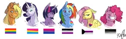 Size: 8448x2593 | Tagged: safe, artist:shellielle, derpibooru import, applejack, fluttershy, pinkie pie, rainbow dash, rarity, twilight sparkle, twilight sparkle (alicorn), alicorn, earth pony, pegasus, pony, unicorn, absurd resolution, asexual, biromantic, bisexuality, bust, cheek fluff, chest fluff, diversity, ear fluff, female, fluffy, gay pride, heterosexual, lesbian, mane six, mare, panromantic, pansexual, portrait, pride, pride flag, pride month, sexuality, simple background, wall of tags, white background