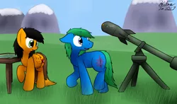 Size: 2252x1321 | Tagged: safe, artist:the-furry-railfan, derpibooru import, oc, oc:interrobang, oc:twintails, unofficial characters only, earth pony, pegasus, pony, grass field, gun, map, nuclear weapon, recoilless rifle, table, this will end in balloons, this will end in explosions, weapon