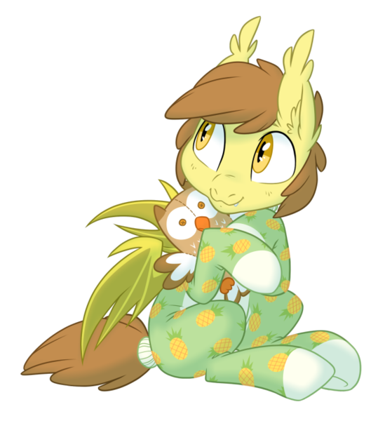 Size: 620x677 | Tagged: safe, artist:equestria-prevails, derpibooru import, oc, oc:stuffed crust, unofficial characters only, bat pony, owl, pony, bat wings, clothes, cute, food, footed sleeper, innocent, looking back, onesie, pajamas, pineapple, pizza bat, plushie, simple background, sitting, smiling, solo, transparent background