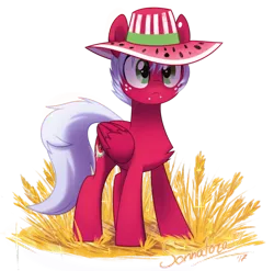 Size: 898x889 | Tagged: safe, artist:sonnatora, derpibooru import, oc, oc:melon frost, unofficial characters only, pegasus, pony, chest fluff, cute, female, freckles, hat, hay, lip piercing, mare, piercing, simple background, snake bites, solo, sun hat, transparent background