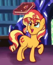 Size: 822x1005 | Tagged: safe, artist:zharkaer, derpibooru import, sunset shimmer, pony, unicorn, equestria girls, mirror magic, spoiler:eqg specials, curved horn, cute, female, happy, journal, levitation, library, magic, mare, open mouth, raised hoof, scene interpretation, shimmerbetes, solo, telekinesis, twilight's castle