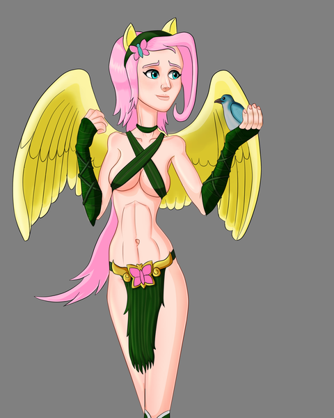 Size: 1944x2430 | Tagged: artist:dinosaurcol, belly button, bird, breasts, derpibooru import, eared humanization, elements of harmony, female, fluttershy, human, humanized, leaf clothing, loincloth, midriff, redraw, simple background, solo, suggestive, underboob, winged humanization, wings