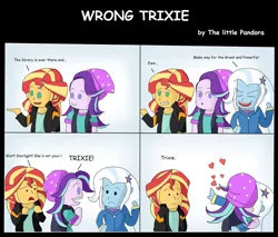 Size: 1280x1088 | Tagged: safe, artist:thelittlepandora, derpibooru import, starlight glimmer, sunset shimmer, trixie, equestria girls, mirror magic, spoiler:eqg specials, clothes, comic, female, kissing, lesbian, mistaken identity, shipping, startrix