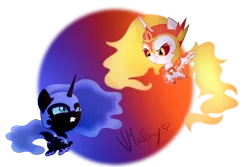 Size: 3000x2000 | Tagged: safe, artist:vcm1824, derpibooru import, daybreaker, nightmare moon, pony, a royal problem, chibi, diabreaker, female, filly, flying, grin, gritted teeth, nightmare woon, royal sisters, simple background, smiling, transparent background