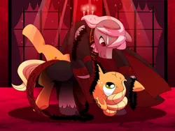 Size: 1500x1130 | Tagged: safe, artist:yokokinawa, derpibooru import, applejack, oc, oc:dracula, ponified, earth pony, pony, vampire, vampony, alternate hairstyle, appleborg, clothes, dancing, dracula, dress, duo, female, freckles, gala dress, male, mare, red light, stallion, waltz, window