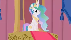 Size: 2208x1242 | Tagged: safe, artist:forgalorga, derpibooru import, princess celestia, alicorn, pony, bored, cute, solo, something about the princesses, throne, throne room, youtube link