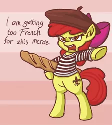 Size: 720x803 | Tagged: safe, artist:plunger, derpibooru import, apple bloom, earth pony, pony, alternate cutie mark, apple bloom is not amused, apple bloom's bow, baguette, beret, bipedal, bow, bread, clothes, dialogue, food, french, hair bow, open mouth, sacrebloom, shirt, solo, vulgar