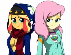 Size: 1306x1006 | Tagged: suggestive, artist:rosemile mulberry, derpibooru import, edit, fluttershy, sunset shimmer, equestria girls, absolute cleavage, breasts, busty sunset shimmer, cleavage, cloak, clothes, duo, duo female, female, implied lesbian, implied shipping, implied sunshyne, lidded eyes, looking at you, odin sphere, simple background, smiling, white background
