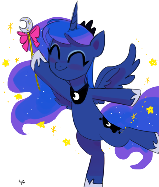 Size: 671x790 | Tagged: safe, artist:ehfa, derpibooru import, princess luna, alicorn, pony, blushing, cute, eyes closed, female, lunabetes, magic wand, mare, simple background, smiling, solo, sparkles, white background