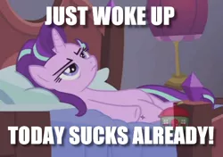 Size: 460x324 | Tagged: safe, derpibooru import, edit, edited screencap, screencap, starlight glimmer, pony, a royal problem, cropped, grumpy, image macro, meme, morning ponies, solo