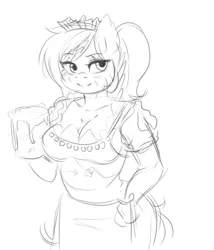 Size: 4688x5469 | Tagged: absurd resolution, alcohol, anthro, artist:mrscurlystyles, beer, breasts, cleavage, clothes, derpibooru import, female, grayscale, maid, monochrome, oc, oc:kinky beer, sketch, solo, suggestive, unofficial characters only, zebra