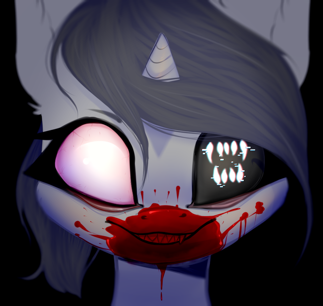 Size: 852x807 | Tagged: grimdark, artist:creepyfreddy, derpibooru import, oc, unofficial characters only, pony, unicorn, blank eyes, blood, creepy, gray, horror, smiling, solo, teeth