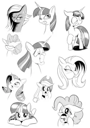 Size: 1071x1517 | Tagged: safe, artist:phoenixperegrine, derpibooru import, applejack, fluttershy, limestone pie, pinkie pie, rarity, twilight sparkle, pony, :o, blushing, crying, expressions, faic, grayscale, gritted teeth, monochrome, open mouth, prone, simple background, tongue out, wide eyes
