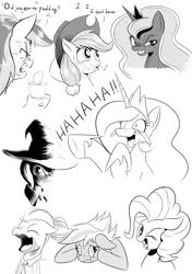 Size: 1071x1517 | Tagged: safe, artist:phoenixperegrine, derpibooru import, applejack, cloudchaser, pinkie pie, princess celestia, princess luna, rainbow dash, trixie, zephyr breeze, pony, unicorn, blatant lies, blushing, crying, expressions, faic, female, floppy ears, food, grayscale, grin, laughing, liarjack, mare, monochrome, one eye closed, open mouth, pudding, simple background, smiling, tongue out, whistling, wink