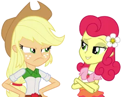 Size: 1244x1001 | Tagged: safe, artist:cloudyglow, derpibooru import, applejack, strawberry sunrise, equestria girls, honest apple, clothes, cowboy hat, duo, equestria girls interpretation, equestria girls-ified, freckles, hat, lidded eyes, scene interpretation, simple background, smiling, smug, stetson, strawberry savage, transparent background, unamused