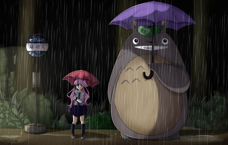 Size: 1097x700 | Tagged: angel bunny, artist:clefficia, bus stop, crossover, derpibooru import, fluttershy, human, humanized, my neighbor totoro, parody, rain, safe, totoro, umbrella