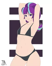 Size: 2400x3000 | Tagged: arm behind head, armpits, artist:souladdicted, belly button, bikini, bikini babe, breasts, clothes, colored pupils, delicious flat chest, derpibooru import, female, flatlight glimmer, human, human female, humanized, looking at you, request, requested art, smiling, solo, solo female, starlight glimmer, stupid sexy starlight glimmer, suggestive, swimsuit