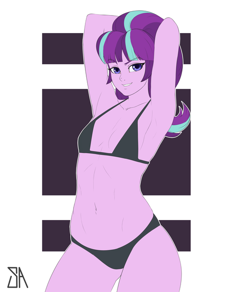 Size: 2400x3000 | Tagged: suggestive, artist:souladdicted, derpibooru import, starlight glimmer, equestria girls, arm behind head, armpits, belly button, bikini, bikini babe, breasts, clothes, delicious flat chest, female, flatlight glimmer, looking at you, request, requested art, smiling, solo, solo female, stupid sexy starlight glimmer, swimsuit
