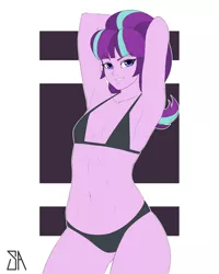 Size: 2400x3000 | Tagged: suggestive, artist:souladdicted, derpibooru import, starlight glimmer, equestria girls, arm behind head, armpits, belly button, bikini, bikini babe, breasts, clothes, delicious flat chest, female, flatlight glimmer, looking at you, request, requested art, smiling, solo, solo female, stupid sexy starlight glimmer, swimsuit