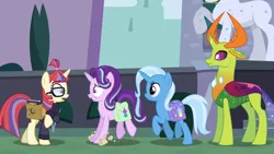 Size: 6400x3600 | Tagged: safe, artist:osipush, derpibooru import, moondancer, starlight glimmer, thorax, trixie, changedling, changeling, pony, unicorn, absurd resolution, clothes, female, glasses, group, king thorax, looking at each other, mare, statue, story in the source