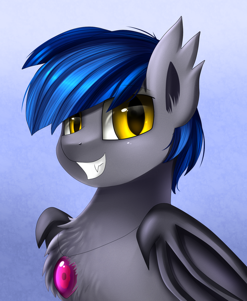 Size: 1446x1764 | Tagged: safe, artist:pridark, derpibooru import, oc, oc:styxus, unofficial characters only, bat pony, pony, bust, commission, fangs, gem, grin, jewelry, looking at you, male, necklace, night guard, portrait, royal guard, slit eyes, smiling, solo, stallion