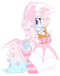 Size: 1024x1304 | Tagged: safe, artist:sonnatora, derpibooru import, oc, oc:pastel princess, unofficial characters only, bat pony, pony, basket, bridle, bunny ears, clothes, easter basket, easter bunny, female, heart eyes, simple background, socks, solo, stars, striped socks, tack, thigh highs, white background, wingding eyes