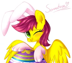 Size: 1443x1258 | Tagged: safe, artist:sonnatora, derpibooru import, oc, oc:sweet words, unofficial characters only, pegasus, pony, bunny ears, clothes, easter bunny, easter egg, female, simple background, socks, solo, white background