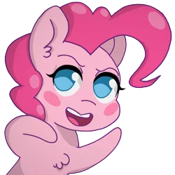 Size: 1172x1168 | Tagged: safe, artist:omegaozone, derpibooru import, pinkie pie, earth pony, pony, blush sticker, blushing, chest fluff, chibi, ear fluff, female, looking at you, mare, no pupils, simple background, solo, transparent background