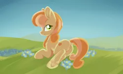 Size: 1618x984 | Tagged: safe, artist:dusthiel, derpibooru import, junebug, earth pony, pony, dock, featureless crotch, female, flower, grass, looking at you, looking back, mare, prone, rear view, solo, underhoof