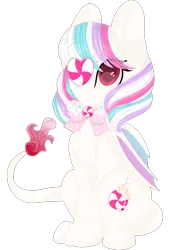 Size: 2048x3000 | Tagged: safe, artist:cinnamontee, derpibooru import, oc, oc:magic sprinkles, unofficial characters only, bat pony, pony, augmented tail, bow, candy, colored pupils, female, food, high res, lollipop, mare, neck bow, simple background, sitting, solo, transparent background