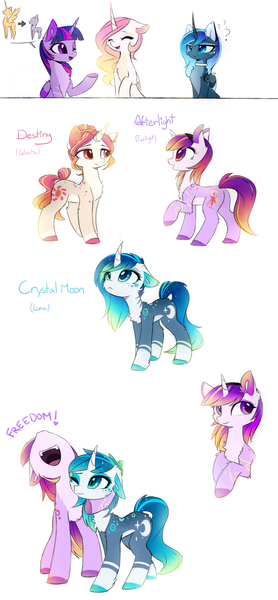 Size: 1442x3112 | Tagged: safe, artist:magnaluna, derpibooru import, princess celestia, princess luna, twilight sparkle, twilight sparkle (alicorn), oc, oc:afterlight, oc:crystal moon, oc:destiny, alicorn, pony, unicorn, :<, alter ego, cheek fluff, chest fluff, curved horn, cute, cutelestia, disguise, ear fluff, female, floppy ears, horn, leg fluff, lunabetes, mare, neck fluff, one eye closed, open mouth, question mark, raised hoof, royal sisters, simple background, sisters, smiling, swirly markings, trio, twiabetes, white background, wingding eyes