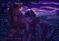 Size: 1167x819 | Tagged: safe, artist:jowybean, derpibooru import, big macintosh, sugar belle, pony, hard to say anything, basket, female, male, saddle bag, shipping, straight, sugarmac