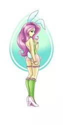 Size: 976x1920 | Tagged: suggestive, artist:ambris, derpibooru import, fluttershy, art pack:an equestrian easter, equestria girls, an equestrian easter, art pack, ass, attached skirt, blushing, breasts, bunny ears, bunny suit, bunnyshy, clothes, easter egg, female, flutterbutt, frilly socks, garter, high heels, kneesocks, leotard, looking back, sexy, simple background, small breasts, socks, solo, solo female, standing, thong leotard, white background