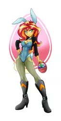 Size: 976x1920 | Tagged: suggestive, artist:ambris, derpibooru import, sunset shimmer, art pack:an equestrian easter, equestria girls, an equestrian easter, art pack, attached skirt, basket, blushing, boots, breasts, bunny ears, bunny suit, busty sunset shimmer, cleavage, clothes, easter egg, egg, female, high heel boots, jacket, leather jacket, leotard, pantyhose, sexy, simple background, solo, solo female, standing, white background