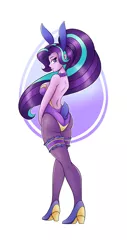 Size: 976x1920 | Tagged: suggestive, artist:ambris, derpibooru import, starlight glimmer, art pack:an equestrian easter, equestria girls, an equestrian easter, art pack, ass, bare shoulders, blushing, breasts, bunny ears, bunny suit, busty starlight glimmer, cleavage, clothes, easter egg, female, garter, glimmer glutes, high heels, leotard, looking at you, looking back, pantyhose, sexy, sideboob, simple background, sleeveless, smiling, solo, solo female, white background