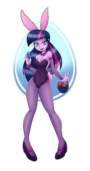 Size: 1010x1920 | Tagged: suggestive, artist:ambris, derpibooru import, twilight sparkle, art pack:an equestrian easter, equestria girls, an equestrian easter, art pack, basket, blushing, breasts, bunny ears, bunny suit, busty twilight sparkle, cleavage, clothes, easter egg, egg, female, high heels, leotard, lidded eyes, looking at you, mary janes, open mouth, pantyhose, sexy, simple background, smiling, solo, solo female, white background