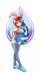 Size: 1010x1920 | Tagged: suggestive, artist:ambris, derpibooru import, rainbow dash, art pack:an equestrian easter, equestria girls, an equestrian easter, art pack, attached skirt, basket, blushing, breasts, bunny ears, bunny suit, busty rainbow dash, cleavage, clothes, easter egg, egg, female, high heels, leotard, lidded eyes, looking at you, model, modeling, rainbow dash always dresses in style, sexy, simple background, smiling, socks, solo, solo female, thigh highs, white background