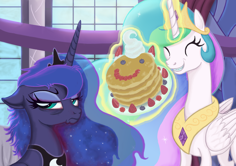 Size: 800x564 | Tagged: safe, artist:mystic2u, derpibooru import, princess celestia, princess luna, alicorn, pony, a royal problem, bags under eyes, cute, cutelestia, food, frazzled, grumpy, grumpy luna, luna is not amused, messy mane, pancakes, royal sisters, scene interpretation, smiling