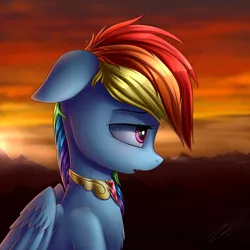 Size: 3000x3000 | Tagged: safe, artist:deltauraart, derpibooru import, rainbow dash, pegasus, pony, fanfic, fanfic:austraeoh, element of harmony, element of loyalty, fanfic art, female, floppy ears, folded wings, mare, profile, scenery, solo, sunset