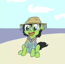 Size: 765x762 | Tagged: safe, artist:happy harvey, derpibooru import, oc, oc:anon, oc:anonfilly, unofficial characters only, pony, beach, clothes, cloud, colored, drawn on phone, female, filly, floppy ears, happy, hat, hawaiian shirt, lei, ocean, open mouth, sand, shirt, sitting, solo