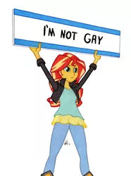 Size: 950x1278 | Tagged: safe, artist:manly man, derpibooru import, sunset shimmer, equestria girls, colored pencil drawing, exploitable meme, female, meme, meme origin, not gay, protest, sign, simple background, solo, sunset's board, traditional art, white background