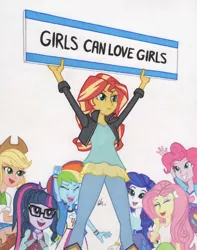 Size: 720x914 | Tagged: safe, artist:manly man, derpibooru import, applejack, fluttershy, pinkie pie, rainbow dash, rarity, sci-twi, sunset shimmer, twilight sparkle, equestria girls, colored pencil drawing, exploitable meme, female, feminist ponies, happy, humane five, humane seven, humane six, lesbian, lgbt, meme, mouthpiece, sign, simple background, sunset's board, traditional art, white background